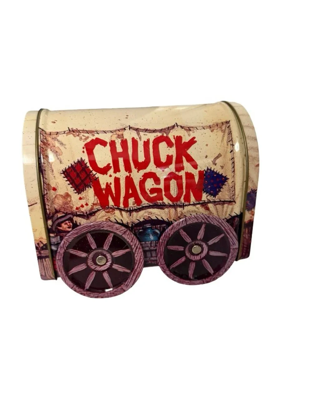 Vintage Giftco Chuck Wagon Tin With Moveable Wheels Western Covered Wagon Candy